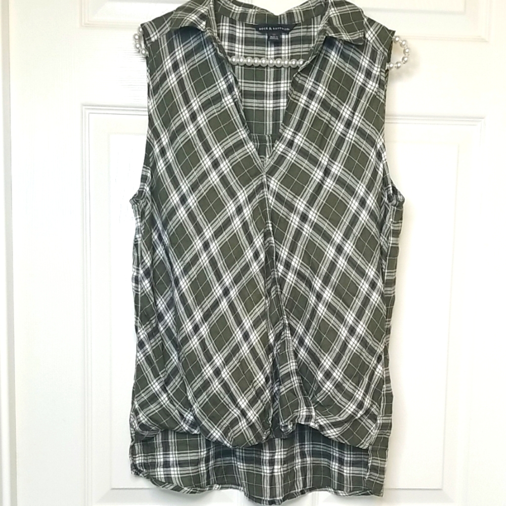 Rock And Republic Green White Plaid Sleeveless Faux Wrap Shirt Blouse